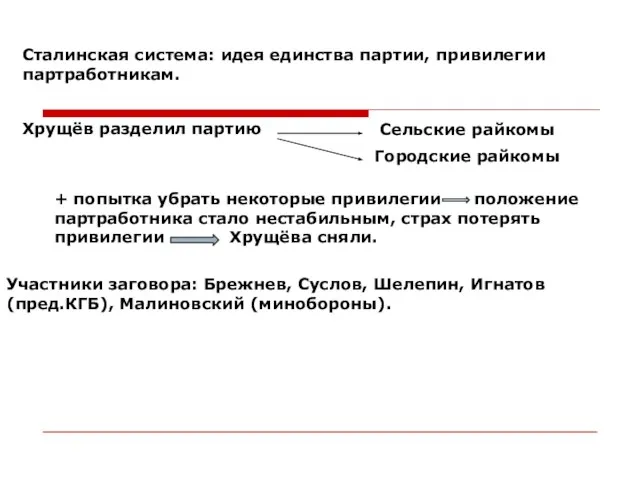 Сталинская система: идея единства партии, привилегии партработникам. Хрущёв разделил партию Сельские райкомы