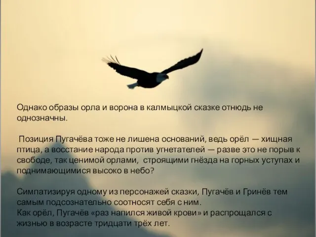 Однако образы орла и ворона в калмыцкой сказке отнюдь не однозначны. Позиция