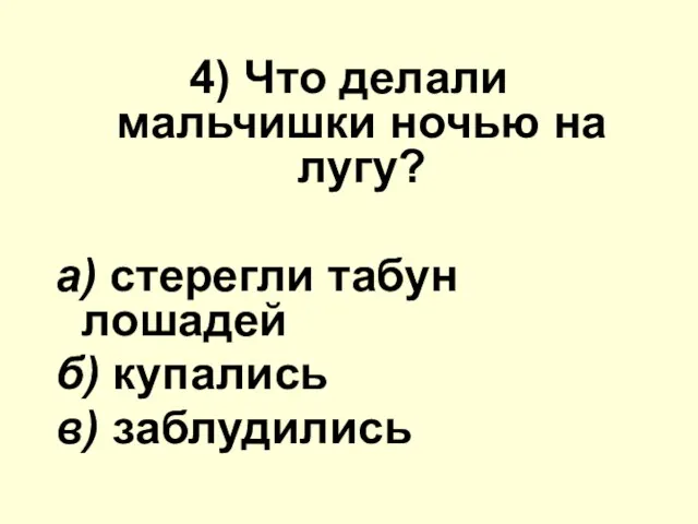 4) Что делали мальчишки ночью на лугу? а) стерегли табун лошадей б) купались в) заблудились