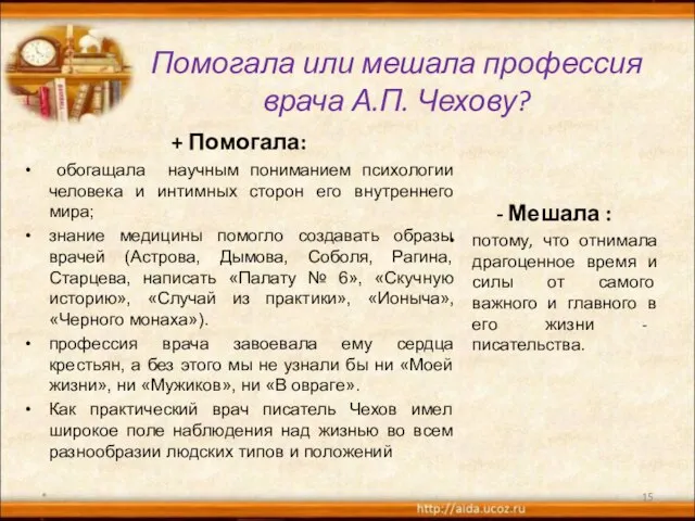 Помогала или мешала профессия врача А.П. Чехову? - Мешала : потому, что