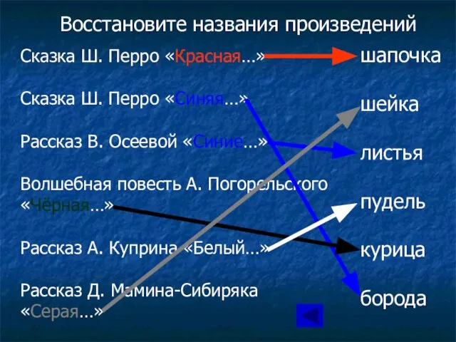 Восстановите названия произведений Сказка Ш. Перро «Красная…» Сказка Ш. Перро «Синяя…» Рассказ