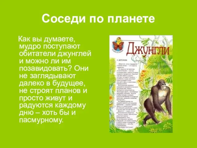 Соседи по планете Как вы думаете, мудро поступают обитатели джунглей и можно