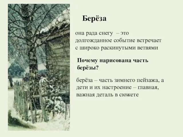 Берёза она рада снегу – это долгожданное событие встречает с широко раскинутыми