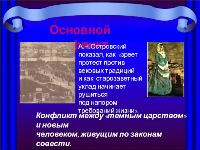 Основной конфликт А.Н.Островский показал, как «зреет протест против вековых традиций и как