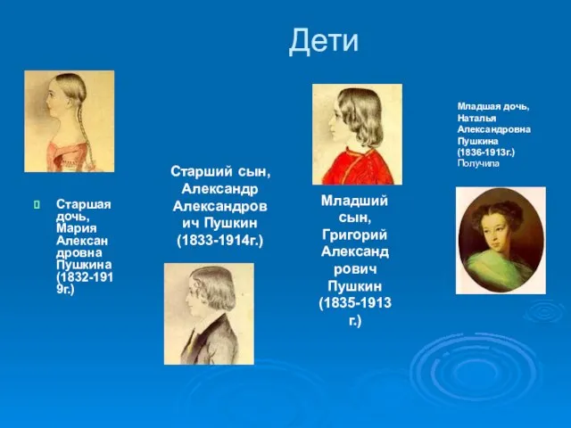 Дети Старшая дочь, Мария Александровна Пушкина (1832-1919г.) Старший сын, Александр Александрович Пушкин