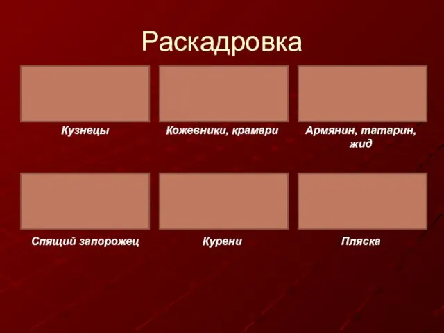 Раскадровка Пляска Курени Спящий запорожец Кузнецы Кожевники, крамари Армянин, татарин, жид