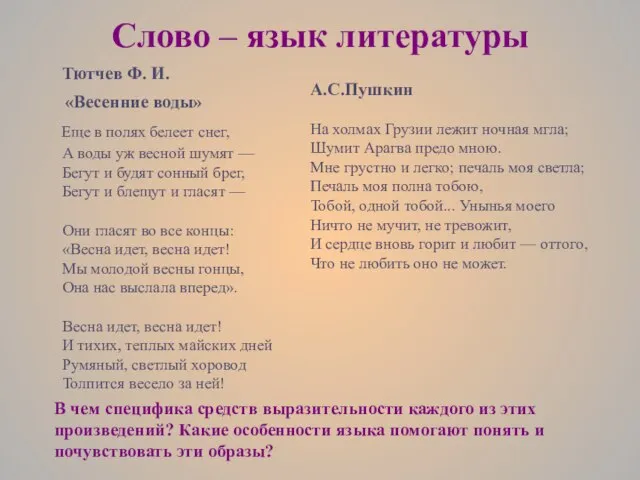 Слово – язык литературы А.С.Пушкин На холмах Грузии лежит ночная мгла; Шумит