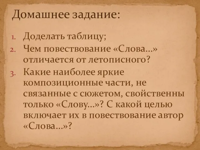 Доделать таблицу; Чем повествование «Слова…» отличается от летописного? Какие наиболее яркие композиционные