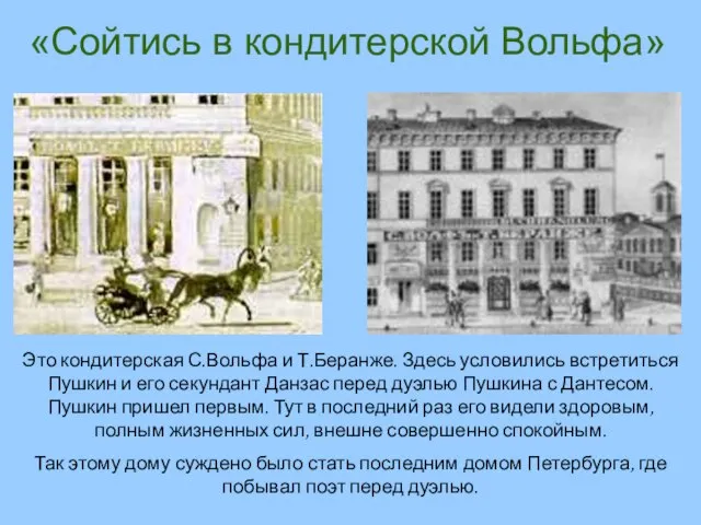 «Сойтись в кондитерской Вольфа» Это кондитерская С.Вольфа и Т.Беранже. Здесь условились встретиться