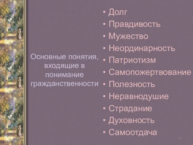 Долг Правдивость Мужество Неординарность Патриотизм Самопожертвование Полезность Неравнодушие Страдание Духовность Самоотдача Основные