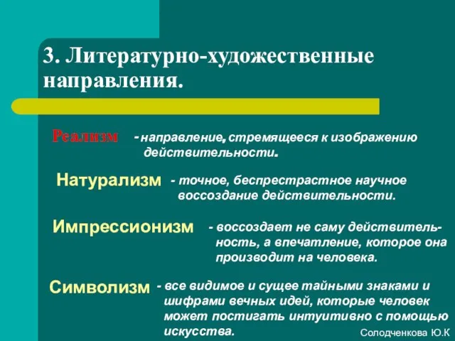 3. Литературно-художественные направления. Реализм Натурализм Импрессионизм Символизм направление, стремящееся к изображению действительности.