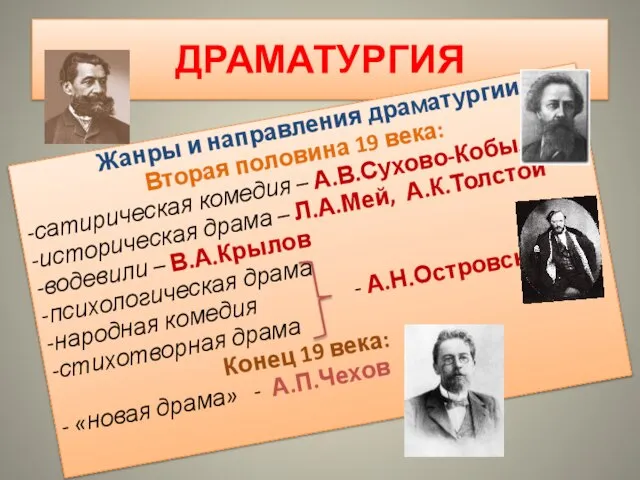 ДРАМАТУРГИЯ Жанры и направления драматургии. Вторая половина 19 века: -сатирическая комедия –