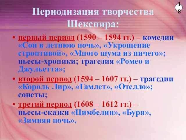 Периодизация творчества Шекспира: первый период (1590 – 1594 гг.) – комедии «Сон