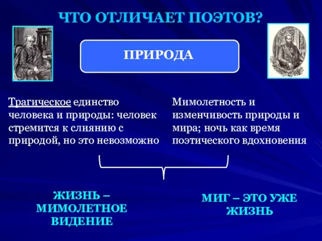 ЧТО ОТЛИЧАЕТ ПОЭТОВ? ПРИРОДА Трагическое единство человека и природы: человек стремится к