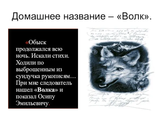 Домашнее название – «Волк». «Обыск продолжался всю ночь. Искали стихи. Ходили по