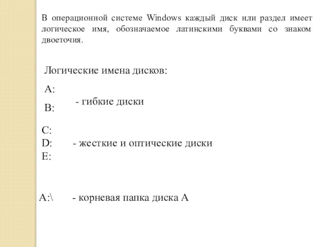 В операционной системе Windows каждый диск или раздел имеет логическое имя, обозначаемое