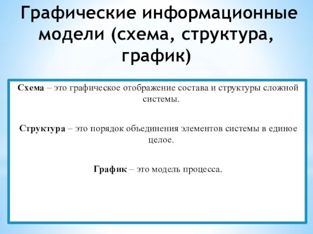 Графические информационные модели (схема, структура, график) Схема – это графическое отображение состава