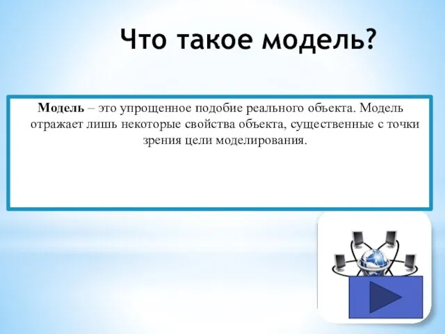 Что такое модель? Модель – это упрощенное подобие реального объекта. Модель отражает