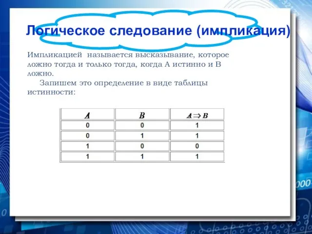 Логическое следование (импликация) Импликацией называется высказывание, которое ложно тогда и только тогда,