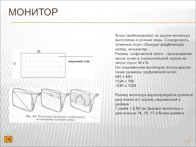 МОНИТОР . Точки (видеопиксели) на экране монитора выстроены в ровные ряды. Совокупность