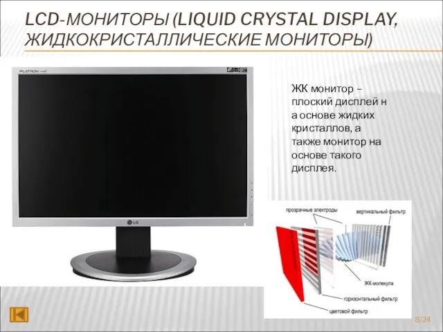 LCD-МОНИТОРЫ (LIQUID CRYSTAL DISPLAY, ЖИДКОКРИСТАЛЛИЧЕСКИЕ МОНИТОРЫ) ЖК монитор – плоский дисплей на