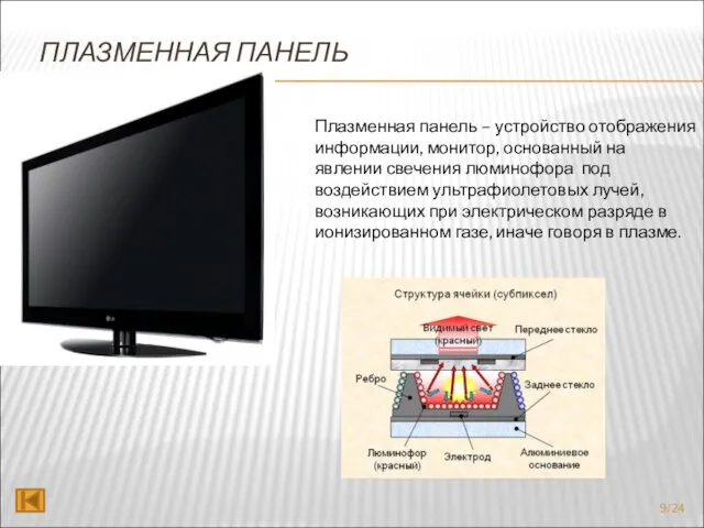 ПЛАЗМЕННАЯ ПАНЕЛЬ Плазменная панель – устройство отображения информации, монитор, основанный на явлении