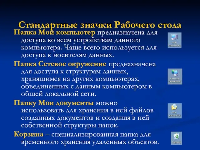 Стандартные значки Рабочего стола Папка Мой компьютер предназначена для доступа ко всем