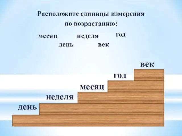 Расположите единицы измерения по возрастанию: месяц неделя год день век день год век месяц неделя