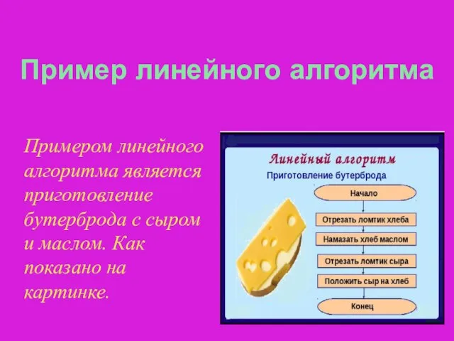 Пример линейного алгоритма Примером линейного алгоритма является приготовление бутерброда с сыром и