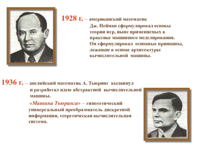 1928 г. – американский математик Дж. Нейман сформулировал основы теории игр, ныне