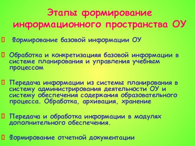 Этапы формирование информационного пространства ОУ Формирование базовой информации ОУ Обработка и конкретизацияя