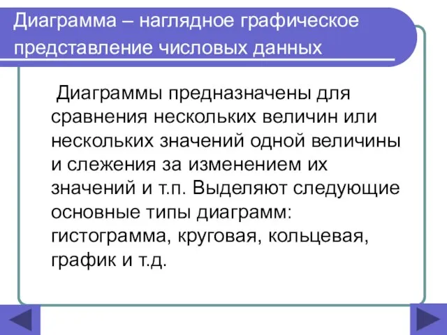 Диаграмма – наглядное графическое представление числовых данных Диаграммы предназначены для сравнения нескольких