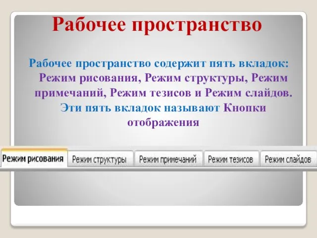 Рабочее пространство Рабочее пространство содержит пять вкладок: Режим рисования, Режим структуры, Режим