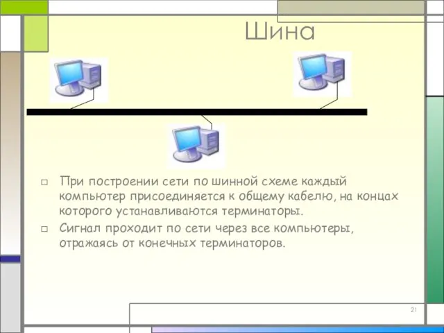 Шина При построении сети по шинной схеме каждый компьютер присоединяется к общему