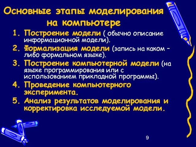 Основные этапы моделирования на компьютере Построение модели ( обычно описание информационной модели).