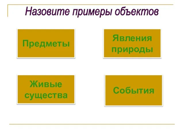 Предметы Живые существа Явления природы События Назовите примеры объектов