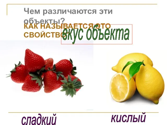 Чем различаются эти объекты? КАК НАЗЫВАЕТСЯ ЭТО СВОЙСТВО? сладкий кислый