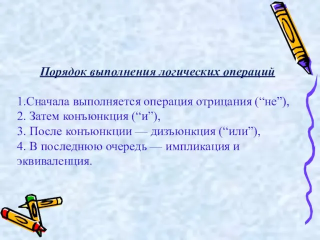 Порядок выполнения логических операций 1.Сначала выполняется операция отрицания (“не”), 2. Затем конъюнкция