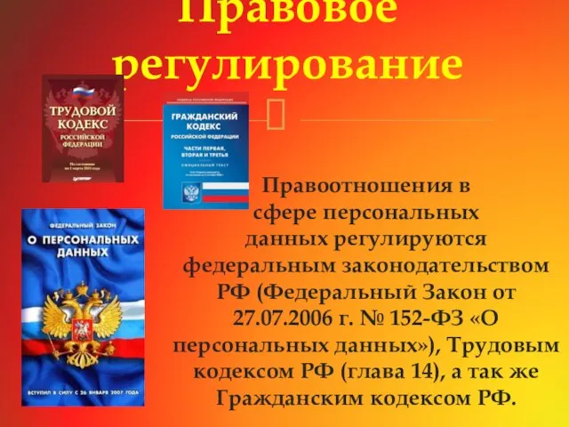 Правоотношения в сфере персональных данных регулируются федеральным законодательством РФ (Федеральный Закон от