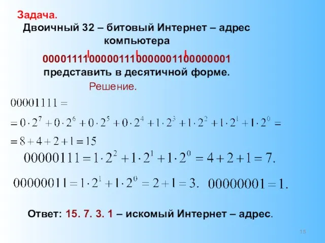 Задача. Двоичный 32 – битовый Интернет – адрес компьютера 00001111000001110000001100000001 представить в