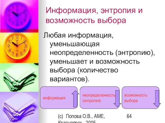 (c) Попова О.В., AME, Красноярск, 2005 Информация, энтропия и возможность выбора Любая