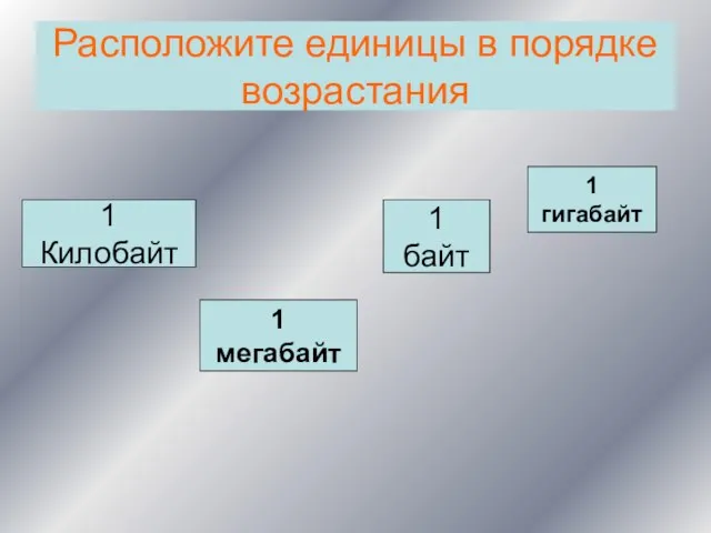 Расположите единицы в порядке возрастания 1 байт 1 Килобайт 1 мегабайт 1 гигабайт