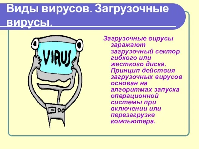 Виды вирусов. Загрузочные вирусы. Загрузочные вирусы заражают загрузочный сектор гибкого или жесткого