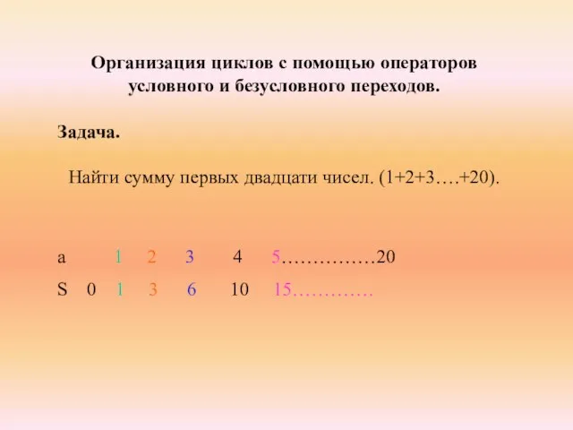 Организация циклов с помощью операторов условного и безусловного переходов. Задача. Найти сумму