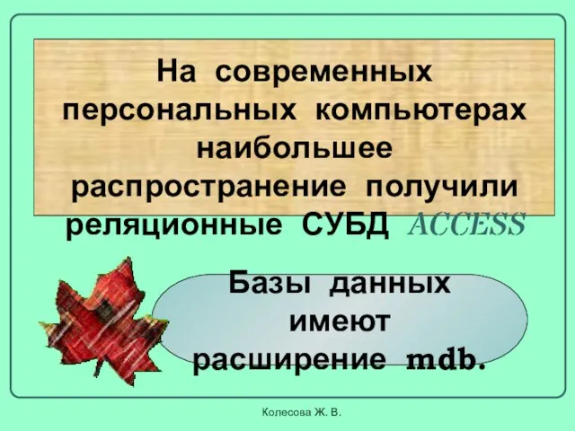 Колесова Ж. В. На современных персональных компьютерах наибольшее распространение получили реляционные СУБД