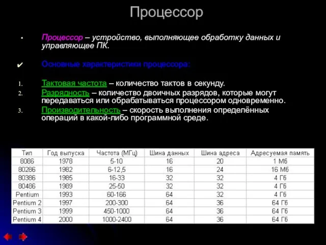 Процессор Процессор – устройство, выполняющее обработку данных и управляющее ПК. Основные характеристики