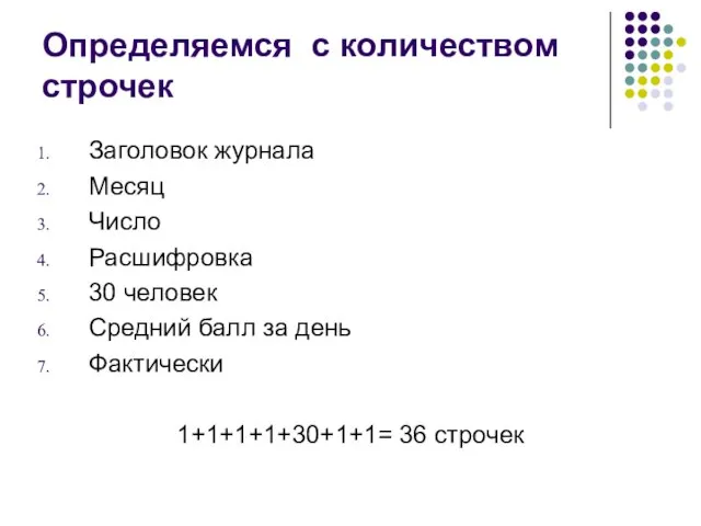 Определяемся с количеством строчек Заголовок журнала Месяц Число Расшифровка 30 человек Средний