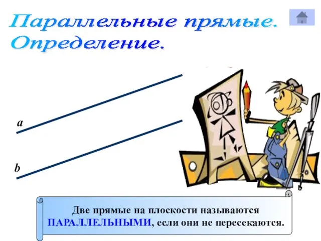 Параллельные прямые. Определение. Две прямые на плоскости называются ПАРАЛЛЕЛЬНЫМИ, если они не пересекаются. а b