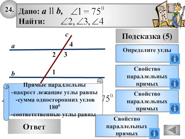 24. Ответ Подсказка (5) Определите углы Свойство параллельных прямых Прямые параллельны -накрест