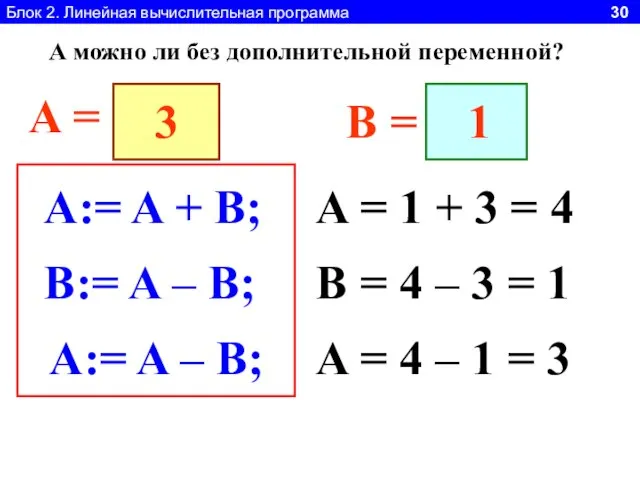 Блок 2. Линейная вычислительная программа 30 A:= A + B; A =